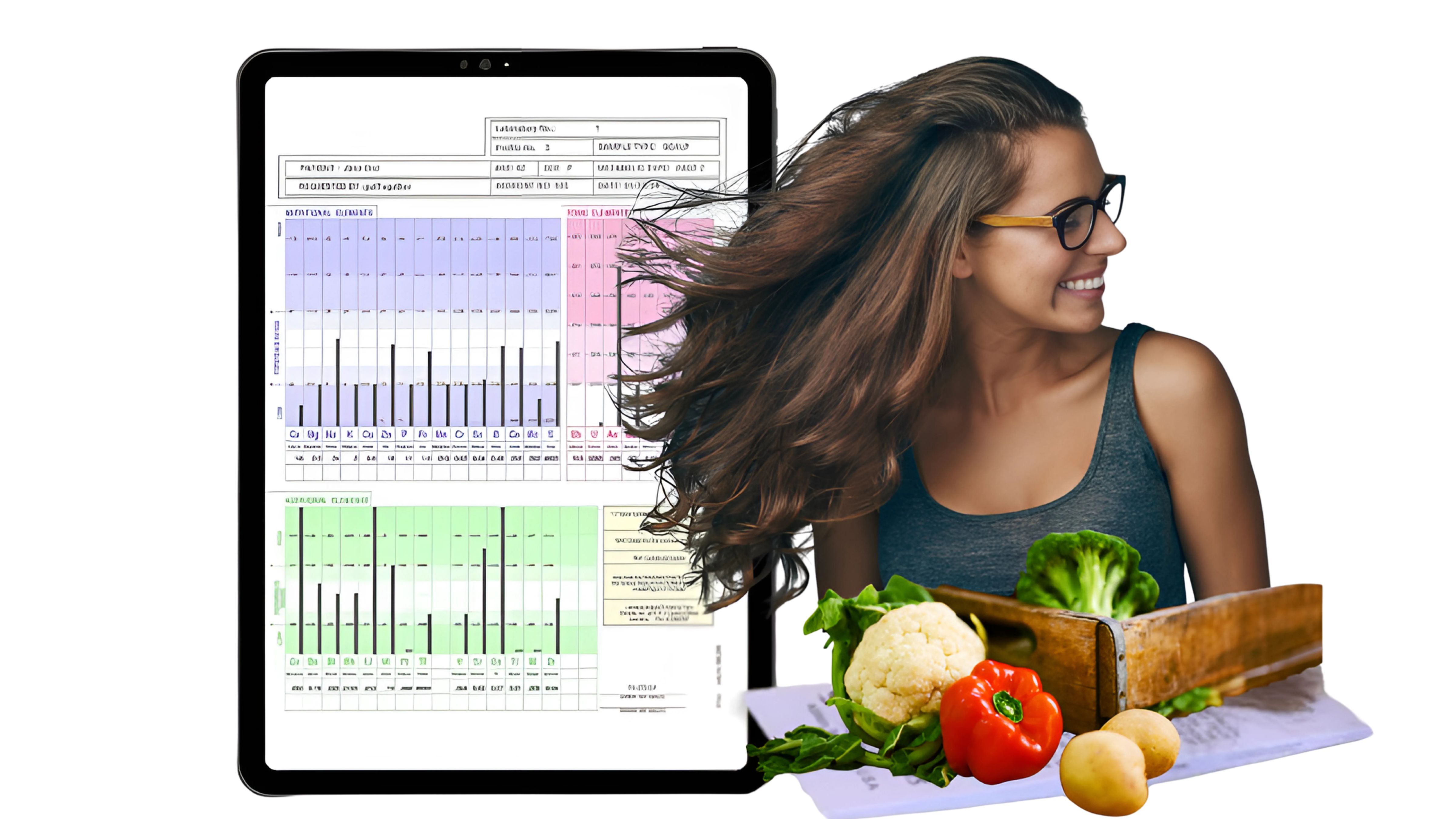 Woman with HTMA test results and healthy vegetables